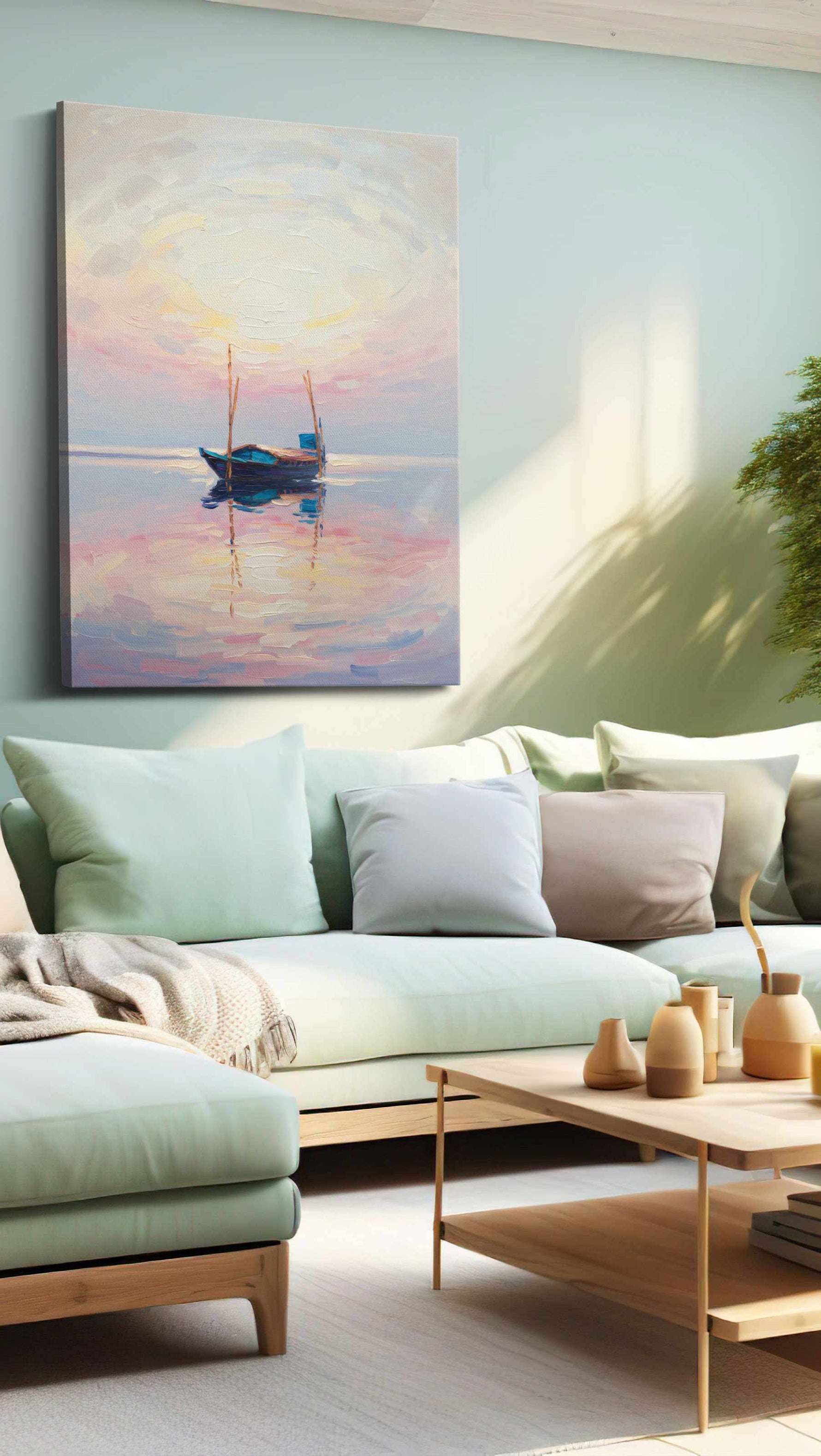 Silent Reflections at Dawn sailing canvas print shown in a wall scene