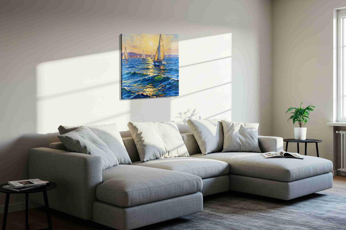Sunlit Sailing Symphony sailing canvas print, displayed in a living room