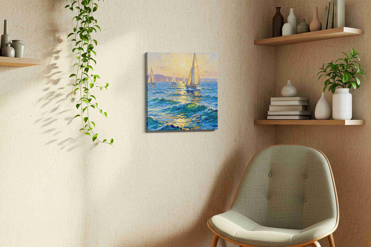 Sunlit Sailing Symphony sailing canvas print styled in a living room