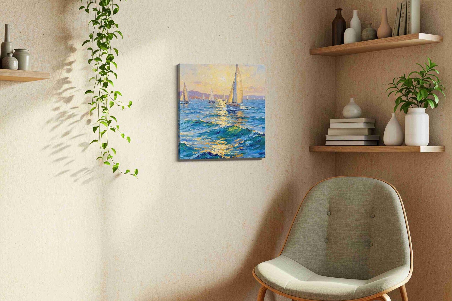 Sunlit Sailing Symphony sailing canvas print styled in a living room