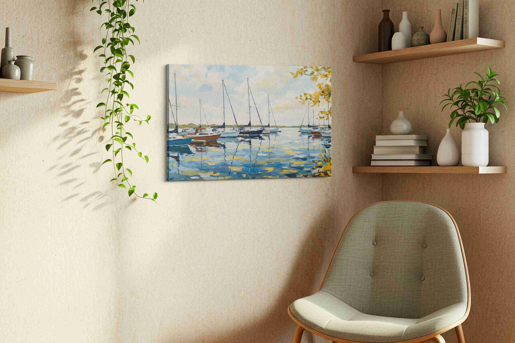Tranquil Harbor Reflections sailing canvas print, hanging on wall — view 3