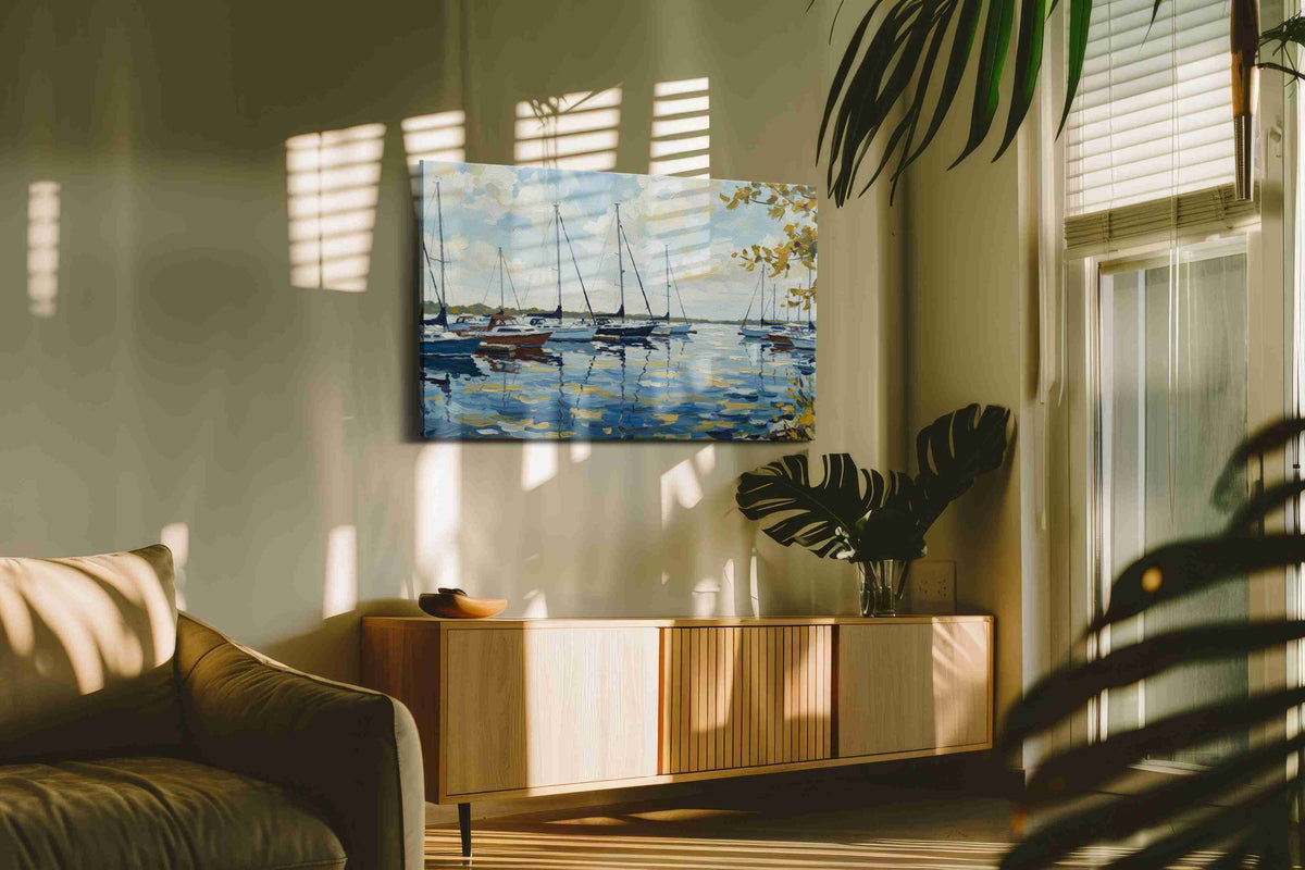 Tranquil Harbor Reflections sailing canvas print in a hung canvas mockup