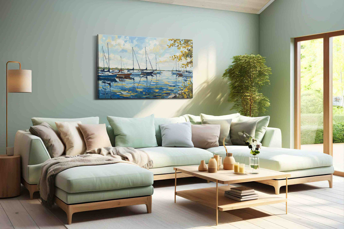 Tranquil Harbor Reflections sailing canvas print shown in a wall scene