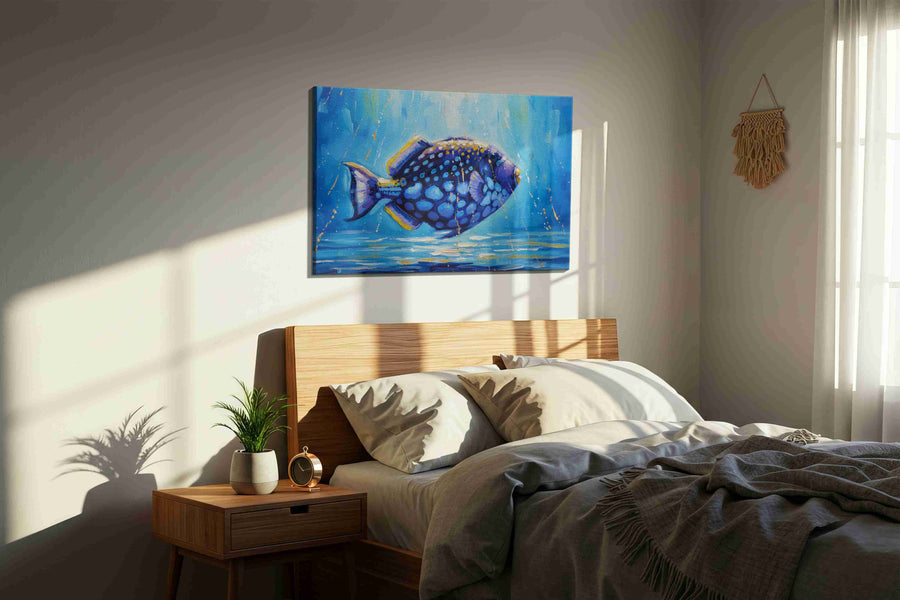 A Bluescape Serenade sealife canvas print, displayed in a bedroom