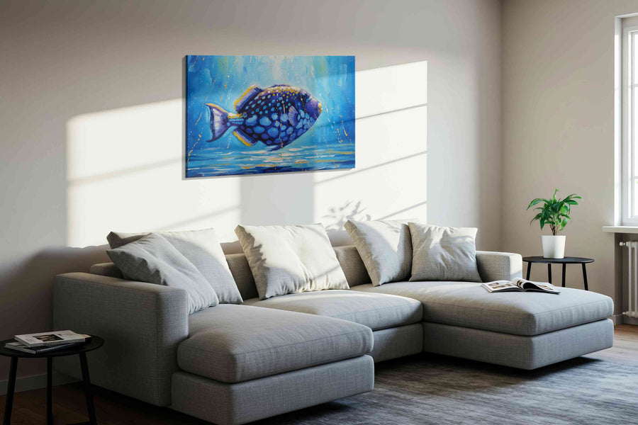A Bluescape Serenade sealife canvas print, displayed in a living room