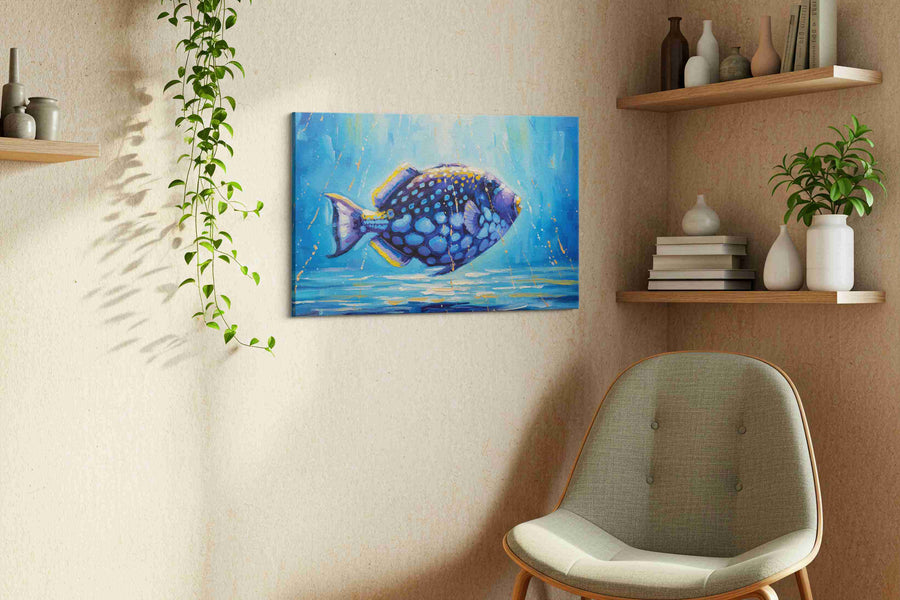 A Bluescape Serenade sealife canvas print in a living room scene