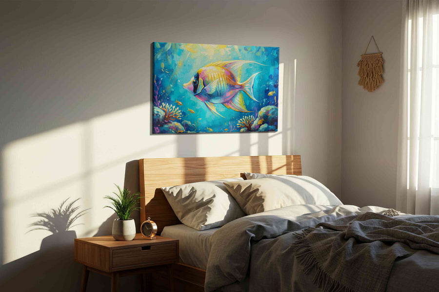Aquatic Reverie sealife canvas print, displayed in a bedroom