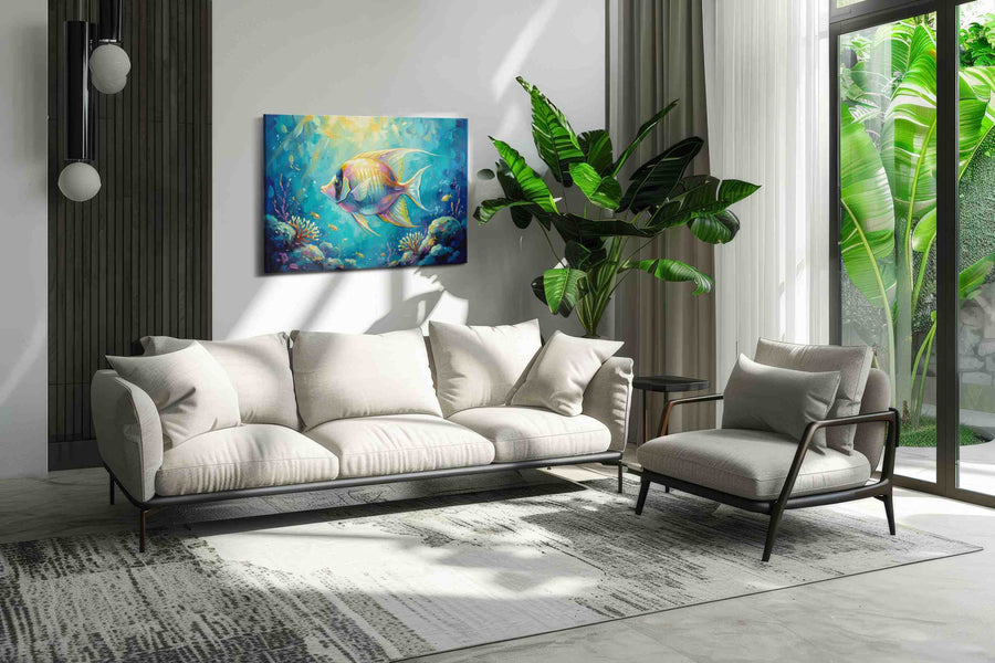 Aquatic Reverie sealife canvas print in a modern interior mockup