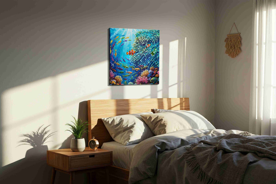 Aquatic Symphony of Color sealife canvas print, displayed in a bedroom