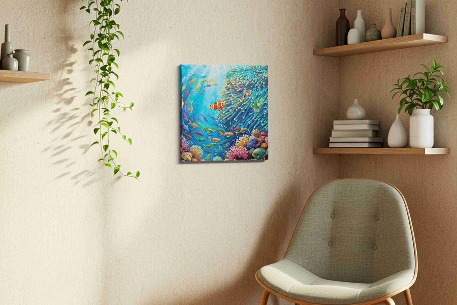 Aquatic Symphony of Color sealife canvas print, displayed in a living room