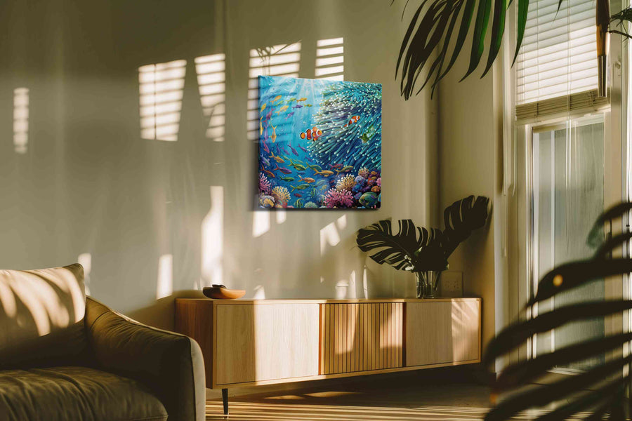 Aquatic Symphony of Color sealife canvas print in a hung canvas mockup