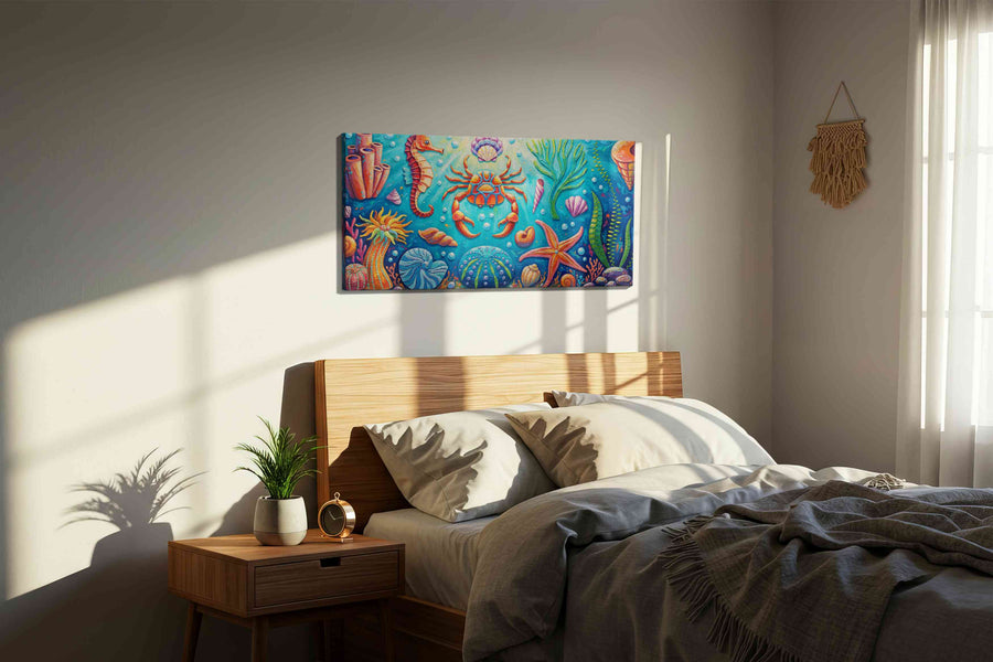 Aquatic Symphony of Colors sealife canvas print, displayed in a bedroom