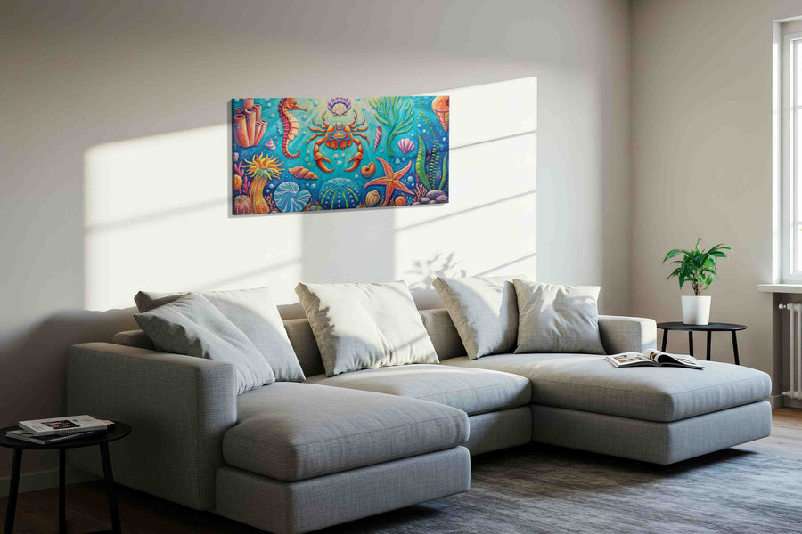 Aquatic Symphony of Colors sealife canvas print styled in a living room
