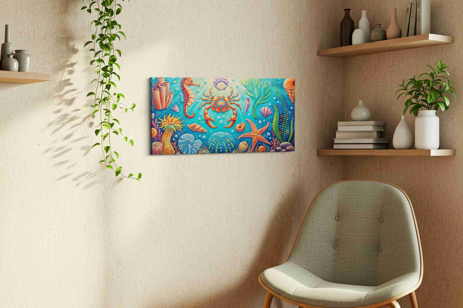 Aquatic Symphony of Colors sealife canvas print, displayed in a living room