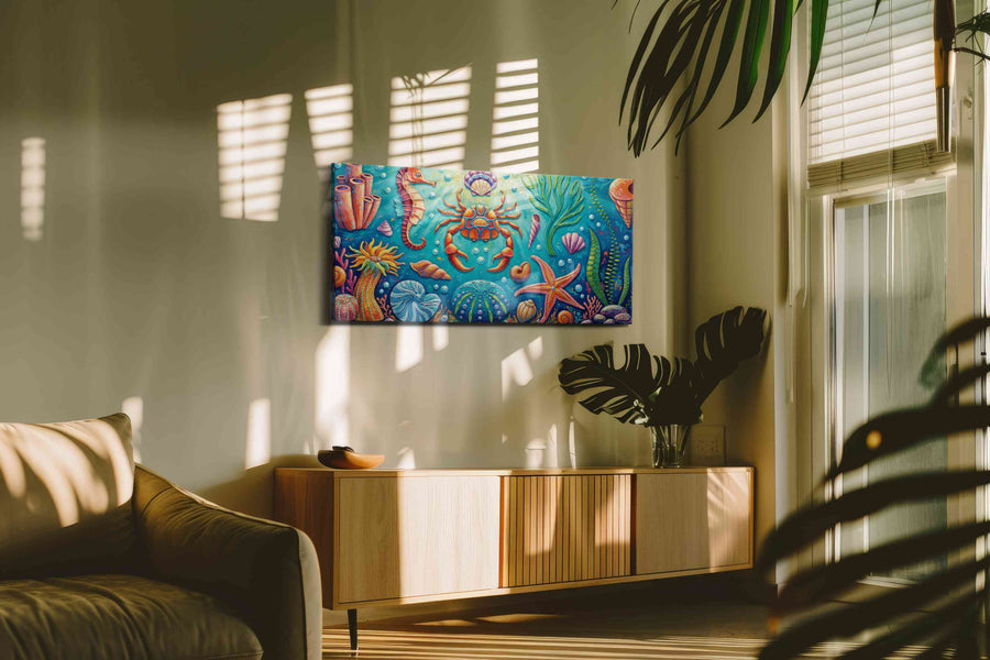 Aquatic Symphony of Colors sealife canvas print in a hung canvas mockup