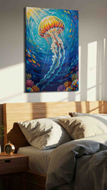 Celestial Drift sealife canvas print, displayed in a bedroom