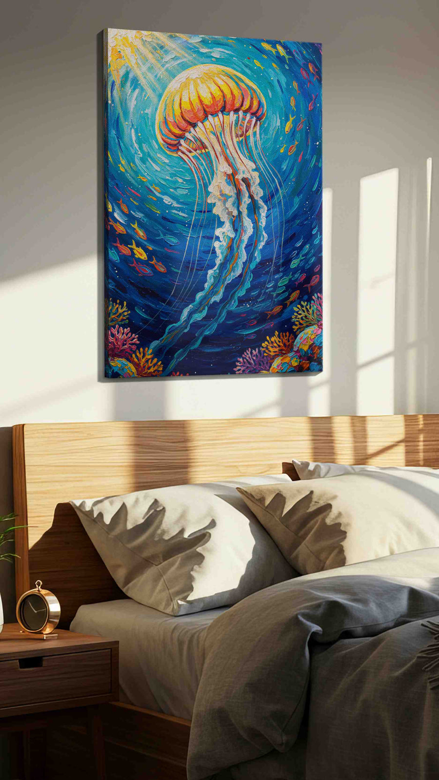 Celestial Drift sealife canvas print, displayed in a bedroom