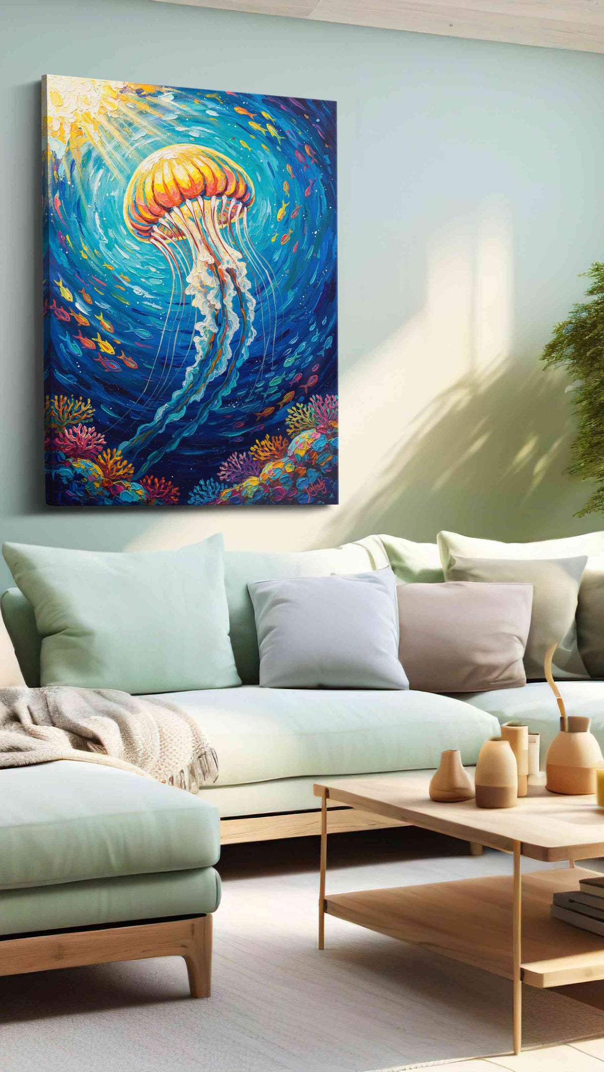 Celestial Drift sealife canvas print, hanging on wall