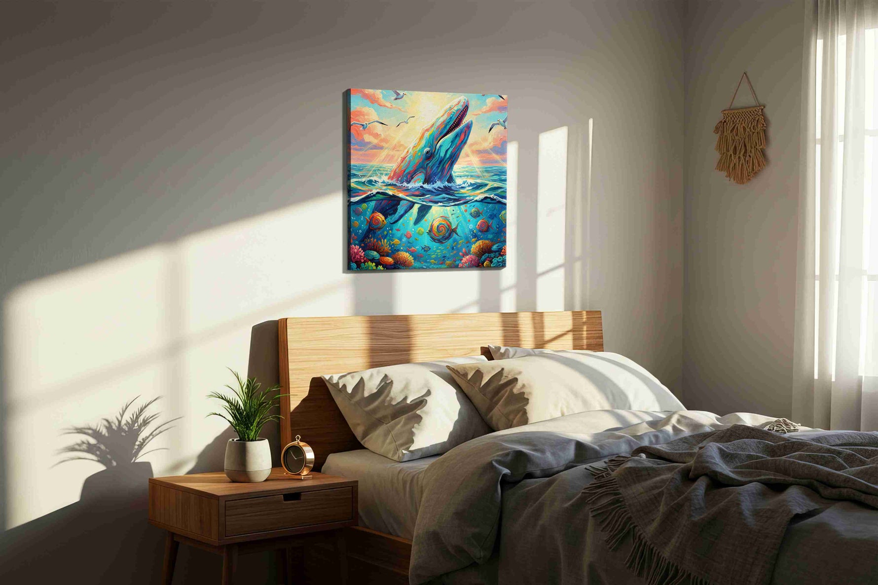 Celestial Ocean Symphony sealife canvas print, displayed in a bedroom