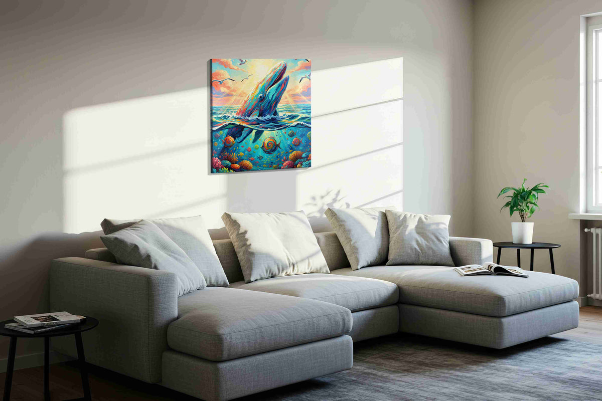 Celestial Ocean Symphony sealife canvas print in a living room scene