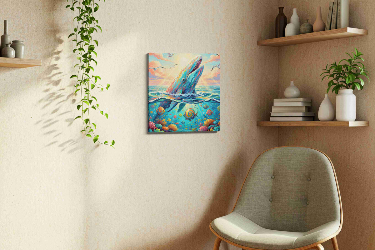 Celestial Ocean Symphony sealife canvas print, displayed in a living room