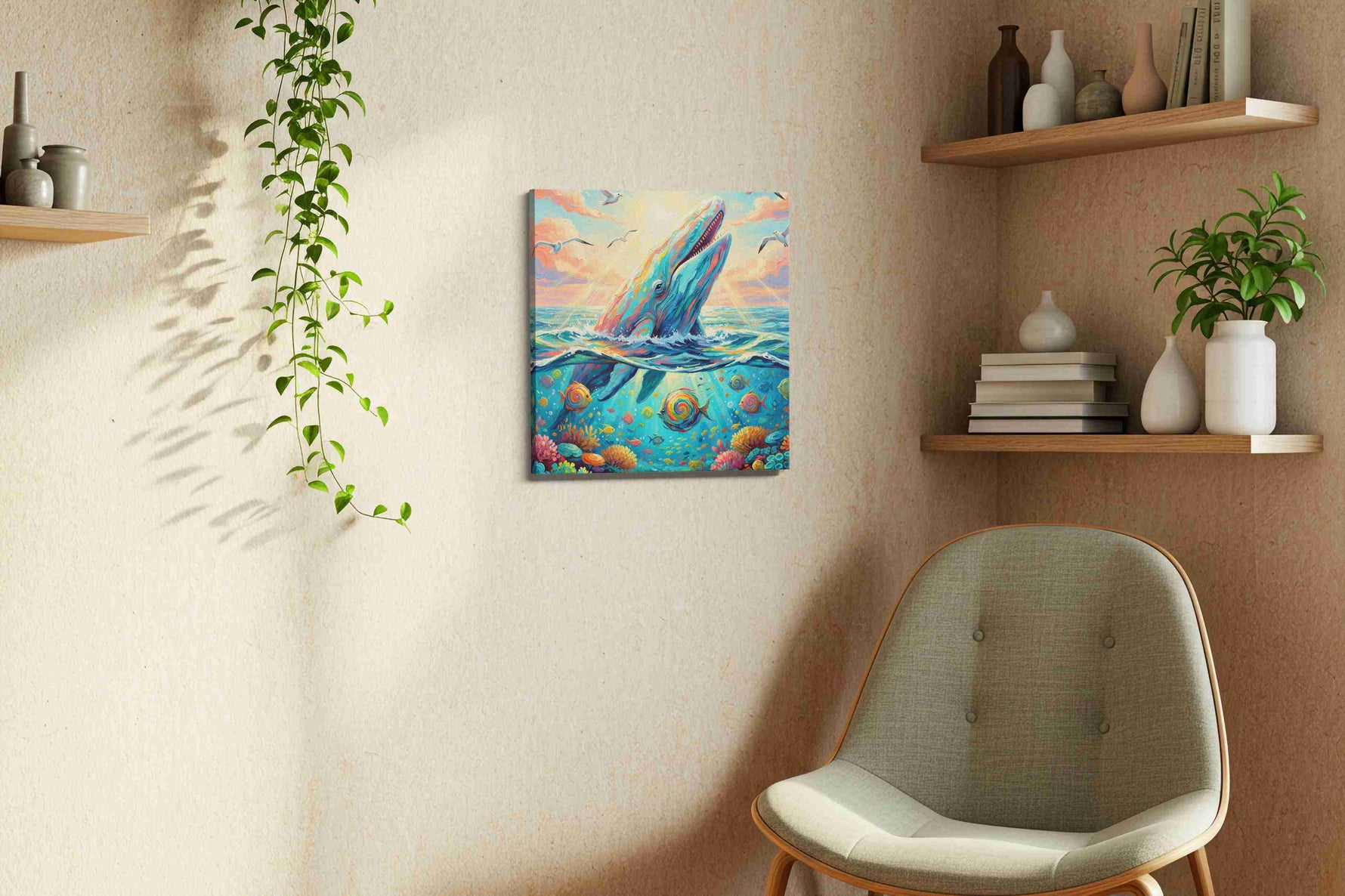 Celestial Ocean Symphony sealife canvas print, displayed in a living room