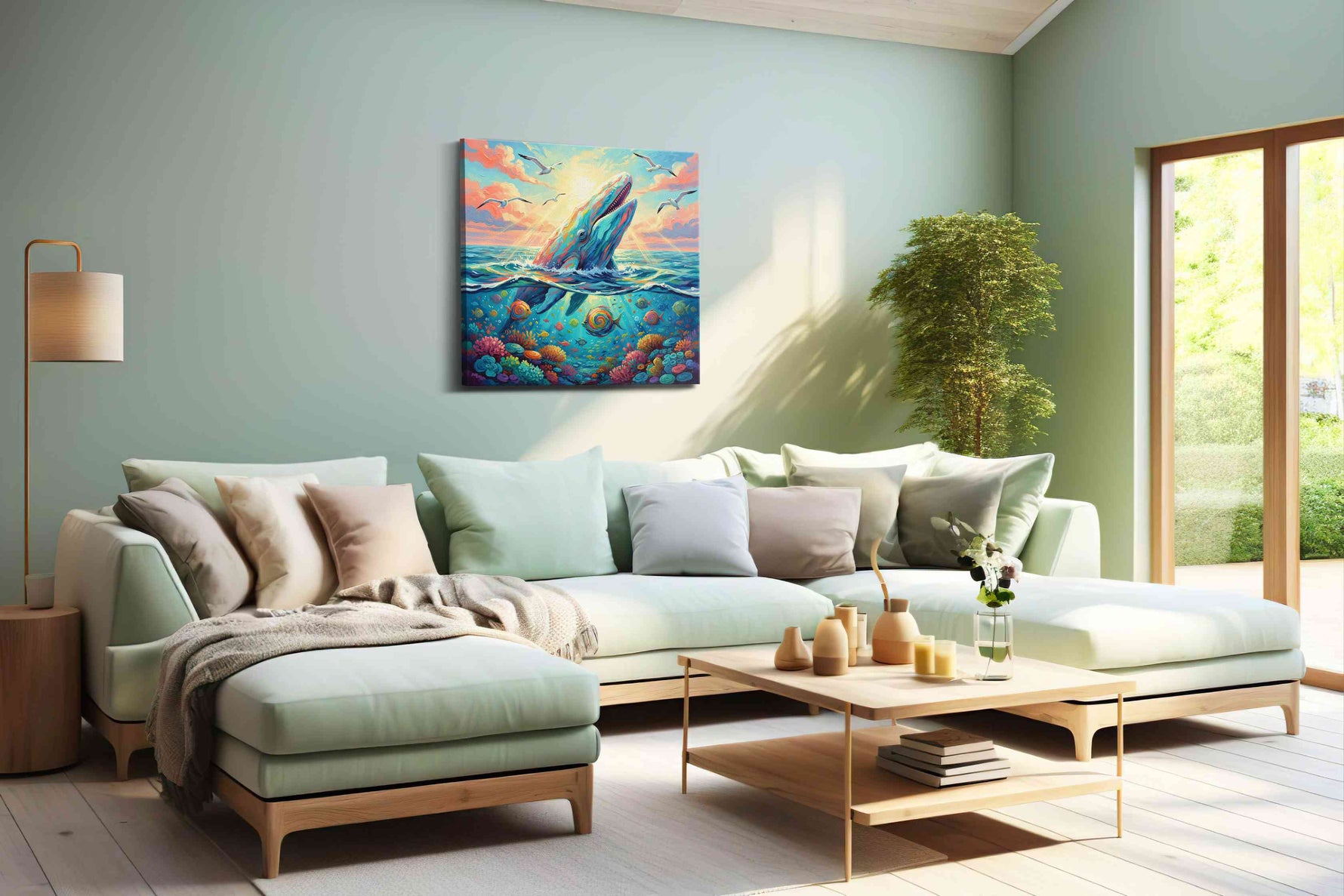 Celestial Ocean Symphony sealife canvas print, hanging on wall