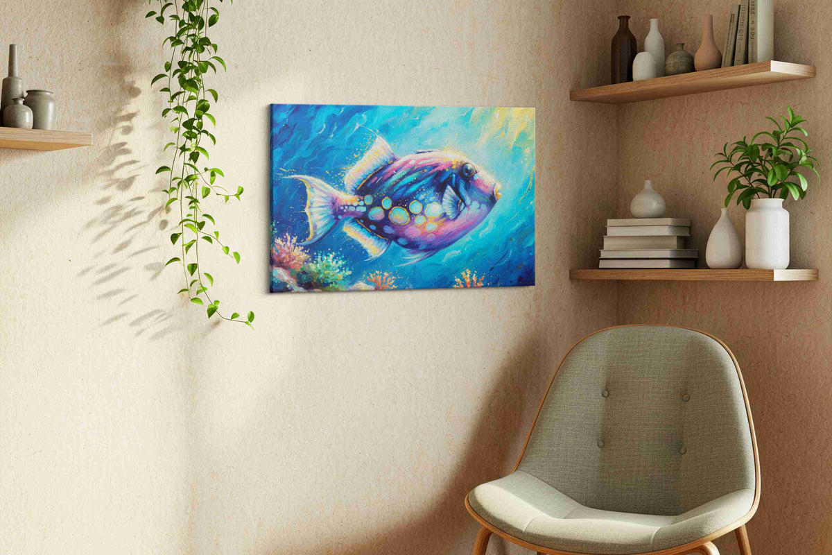 Celestial Reef Voyage sealife canvas print, displayed in a living room