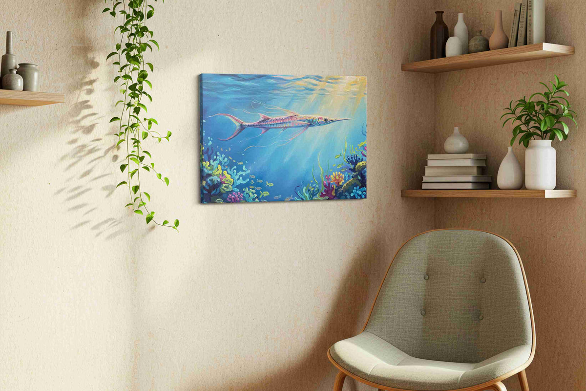 Celestial Underwater Ballet sealife canvas print, hanging on wall — view 2