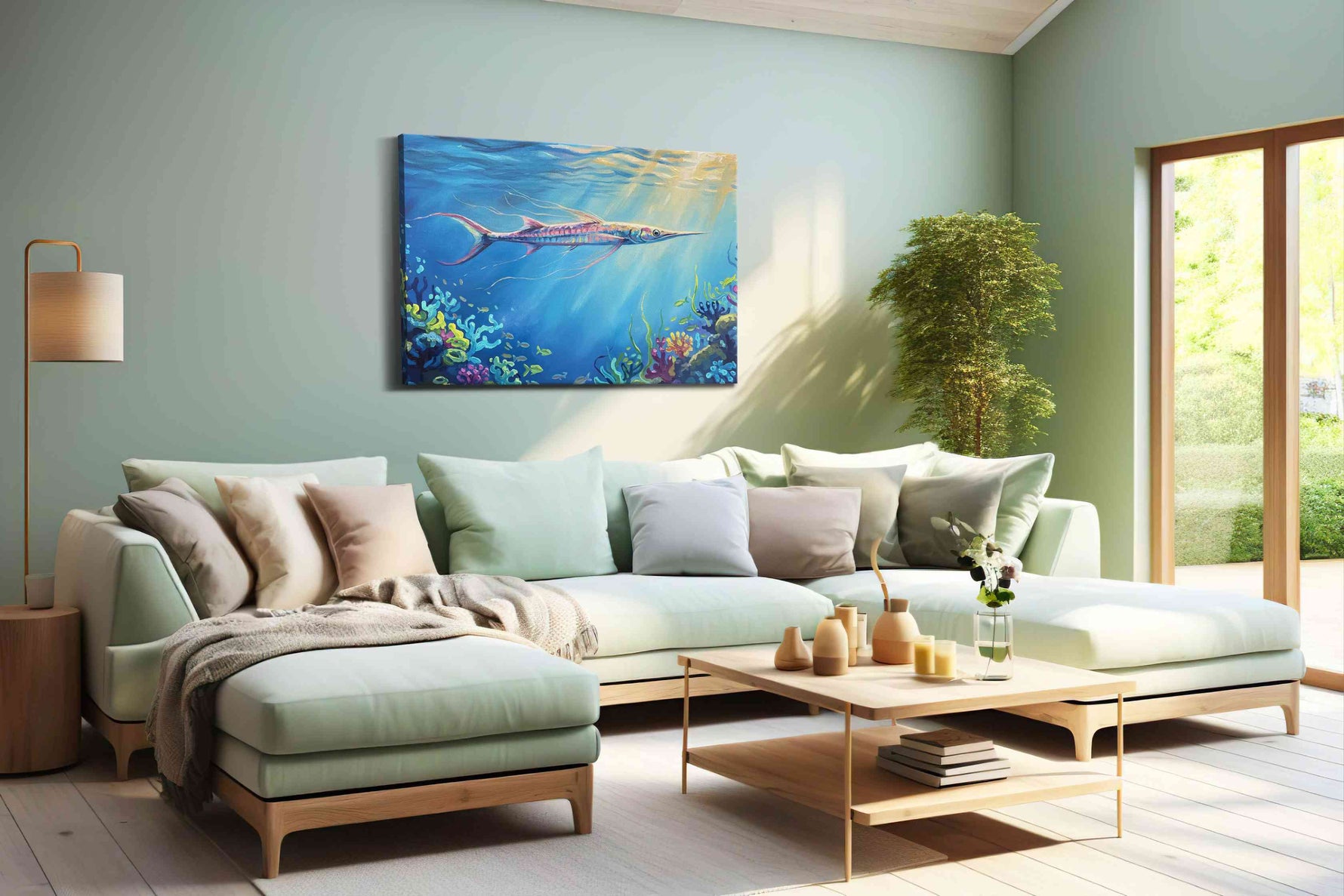 Celestial Underwater Ballet sealife canvas print shown in a wall scene