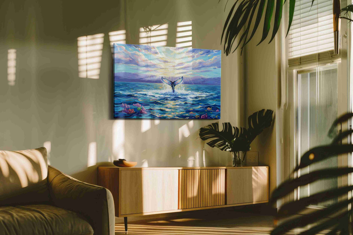 Celestial Whale Symphony sealife canvas print in a hung canvas mockup