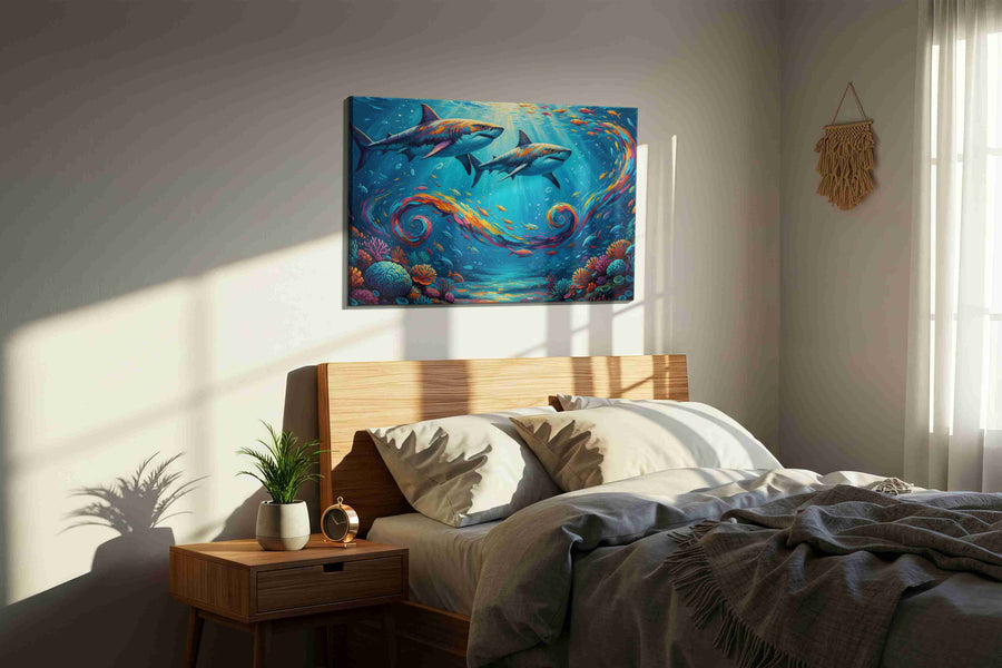 Currents of Colorful Depths sealife canvas print, displayed in a bedroom