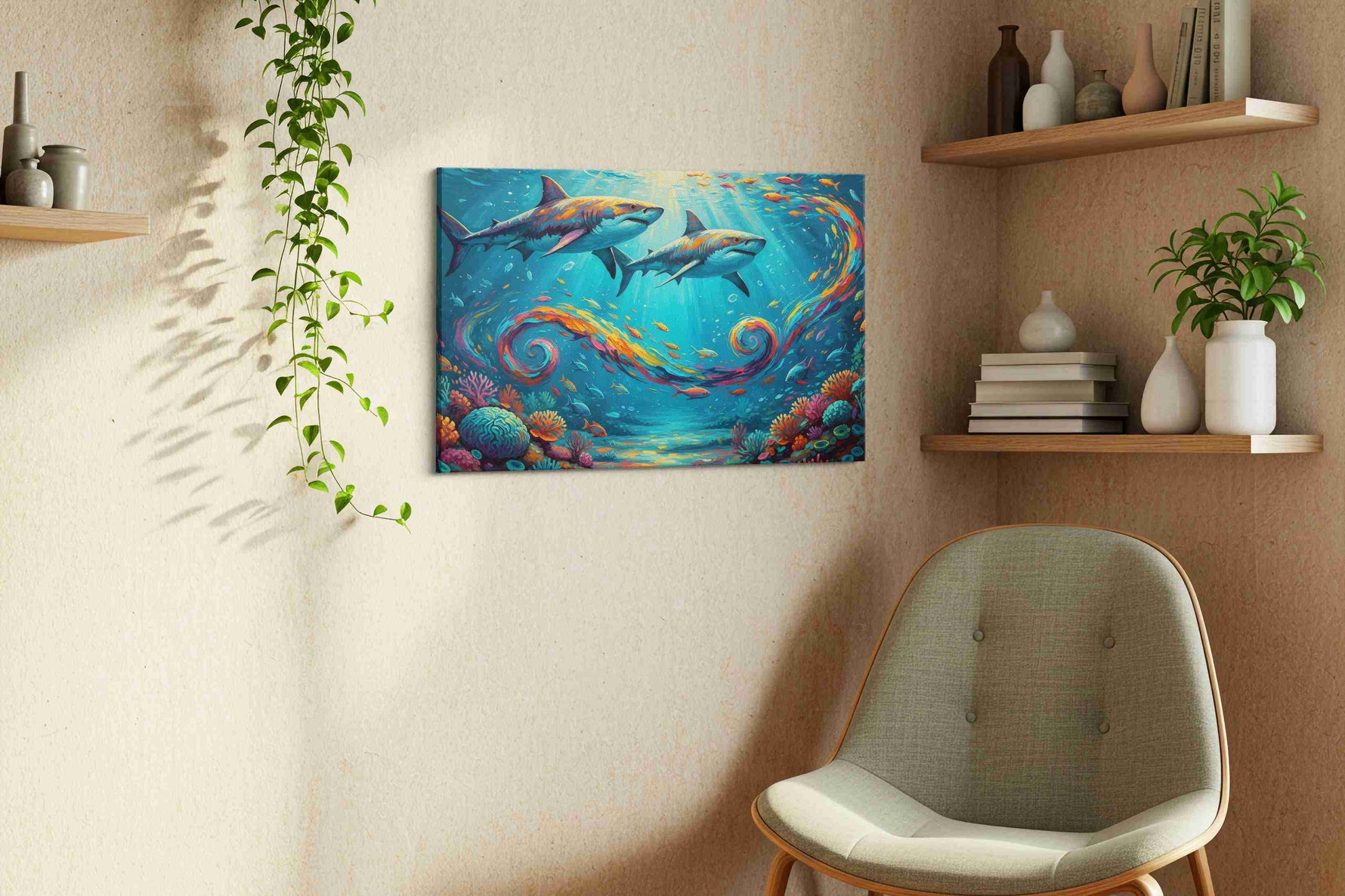 Currents of Colorful Depths sealife canvas print, hanging on wall — view 2