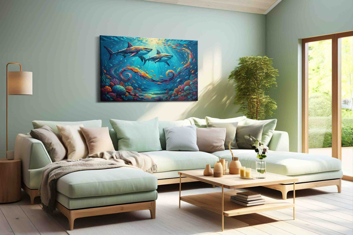 Currents of Colorful Depths sealife canvas print shown in a wall scene