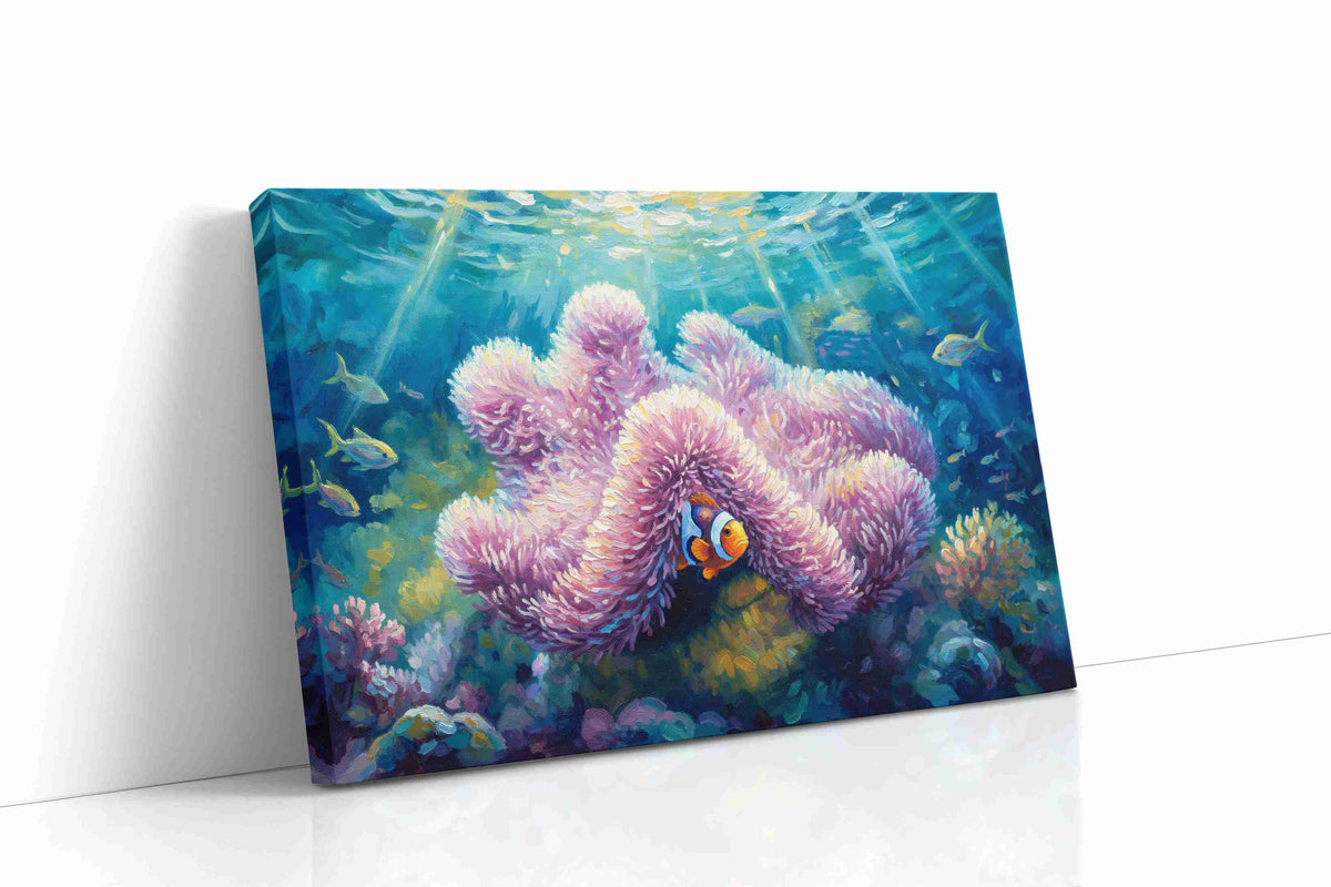 Dance of Coral and Clownfish sealife canvas print gallery-wrapped landscape canvas studio shot
