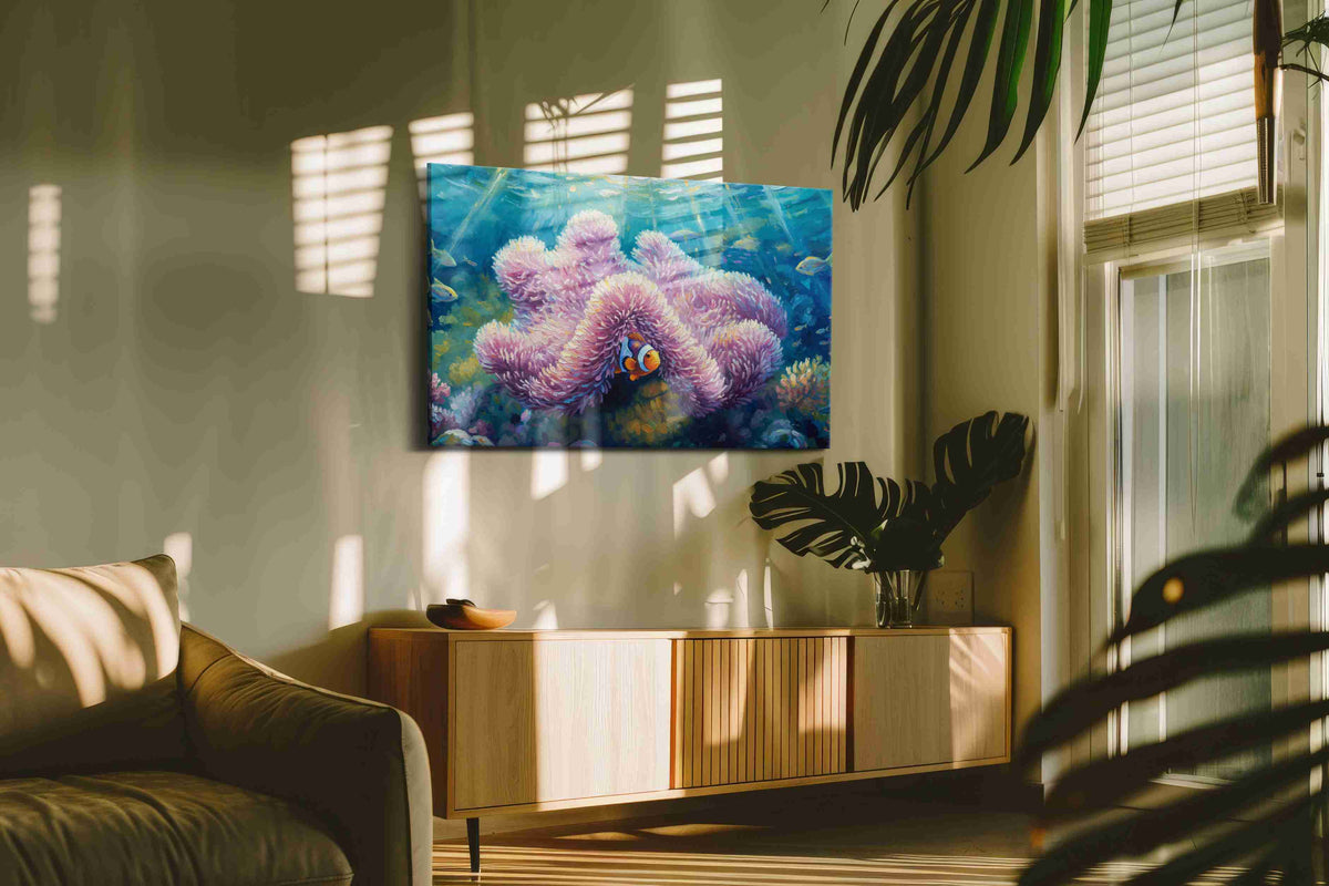 Dance of Coral and Clownfish sealife canvas print in a hung canvas mockup