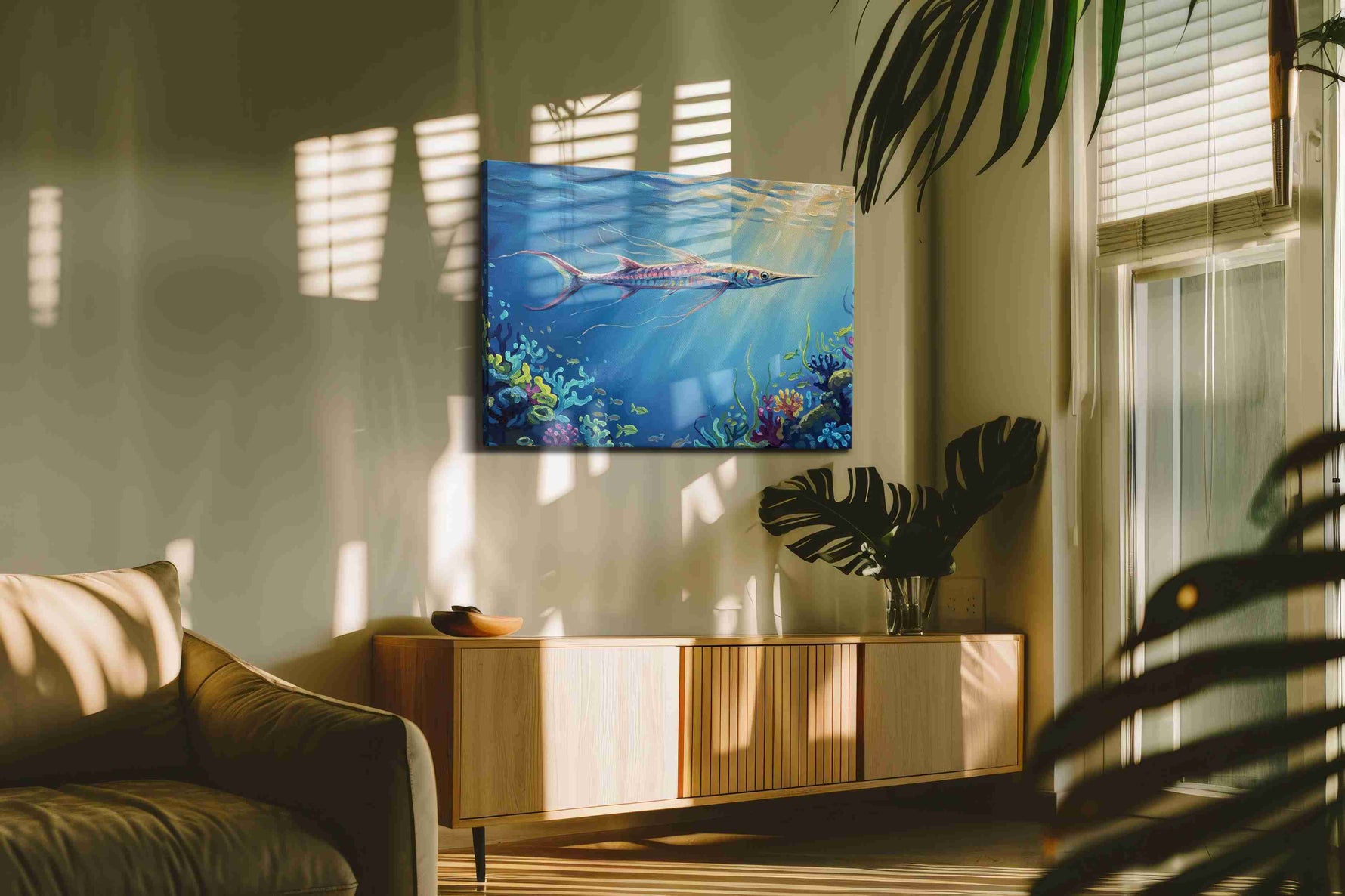 Dancing Light Beneath the Waves sealife canvas print, displayed in a living room