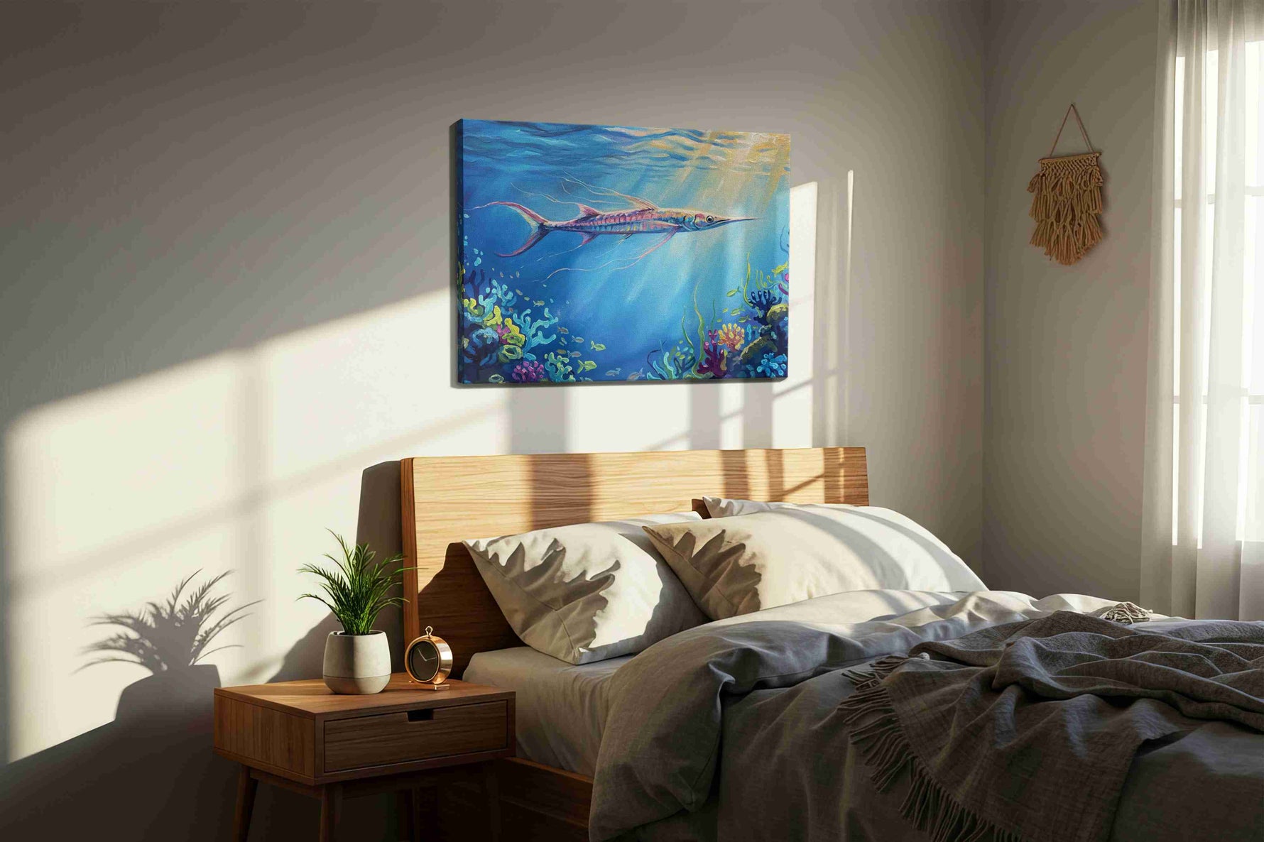 Dancing Light Beneath the Waves sealife canvas print, displayed in a bedroom