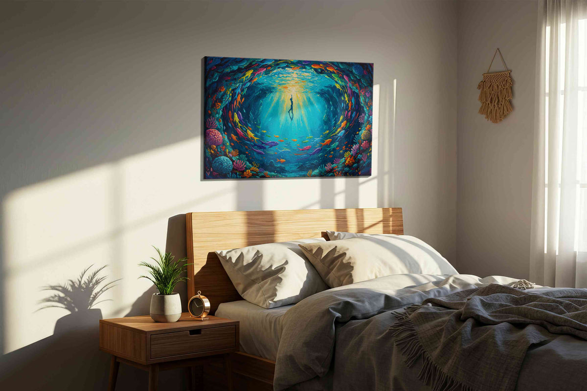 Dancing in the Deep sealife canvas print, displayed in a bedroom