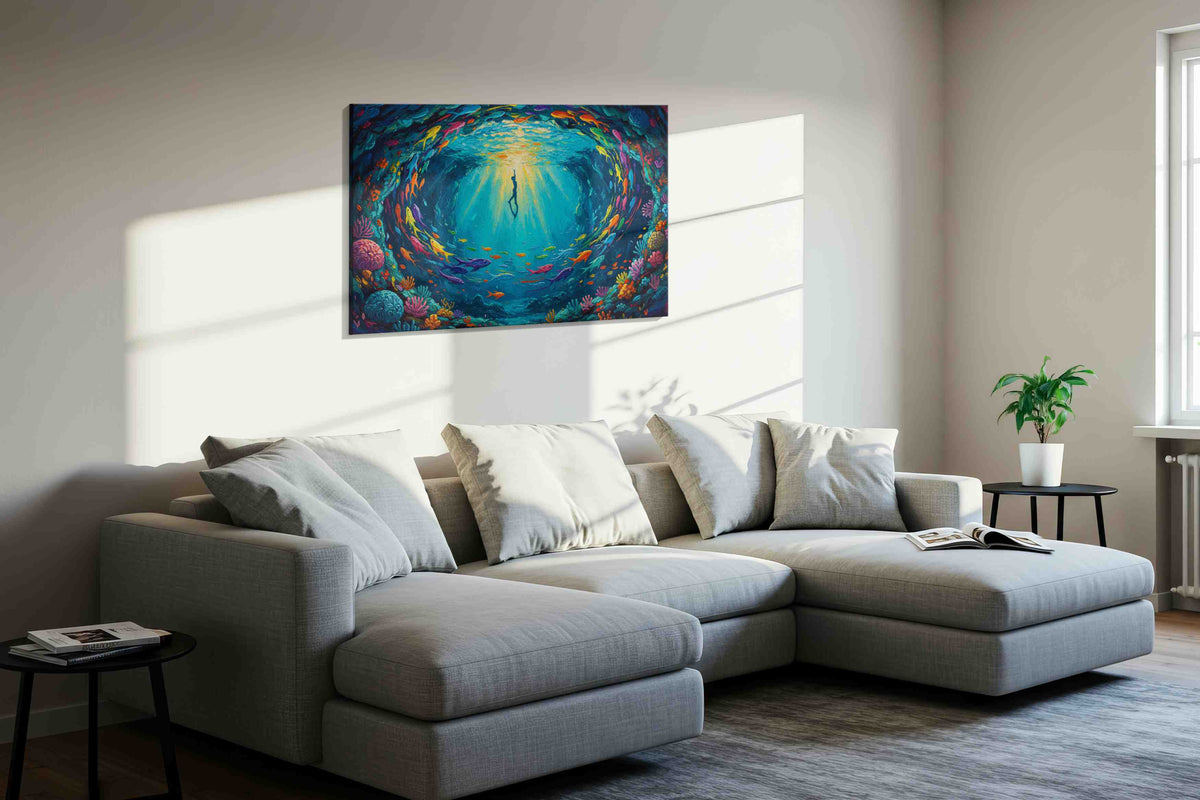 Dancing in the Deep sealife canvas print, displayed in a living room