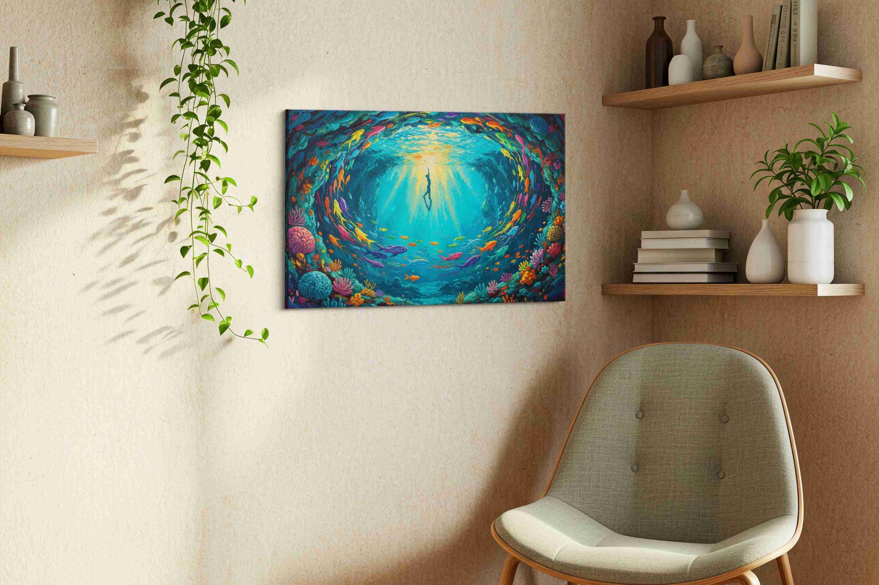 Dancing in the Deep sealife canvas print in a living room scene