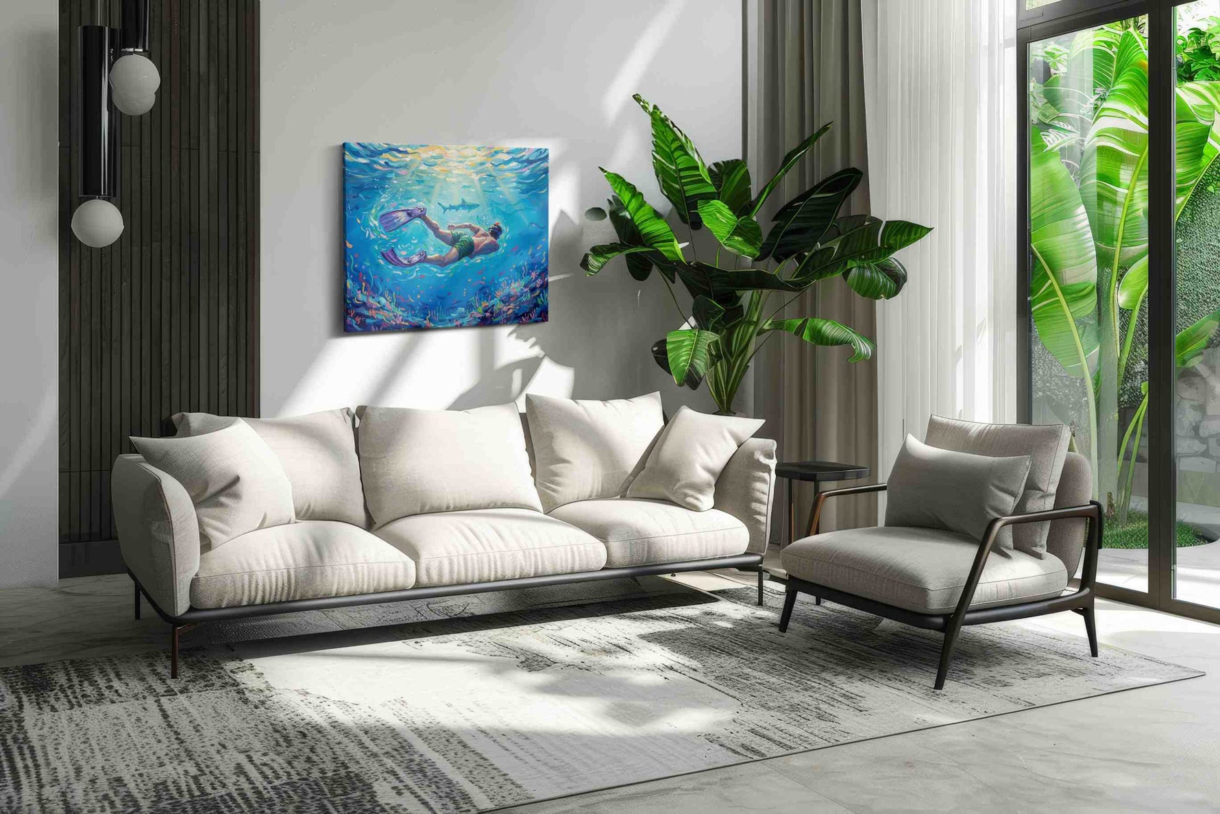 Diving into Serenity sealife canvas print in a modern interior mockup
