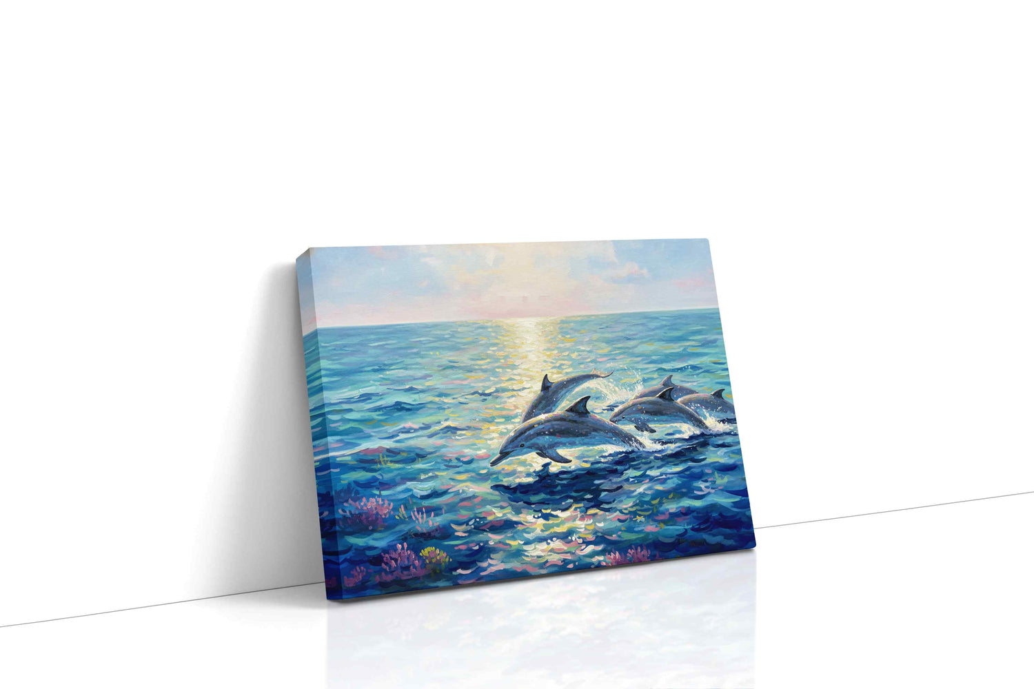 Dolphins at Dawn sealife canvas print, gallery-wrapped, ready to hang