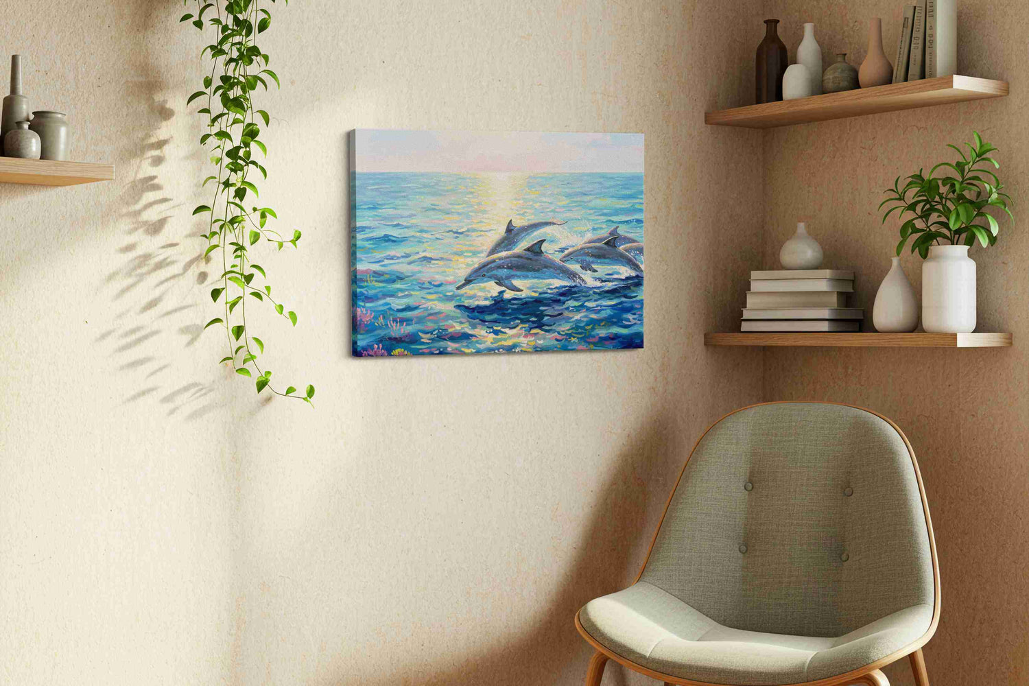 Dolphins at Dawn – sealife canvas wall art, gallery-wrapped, ready to hang