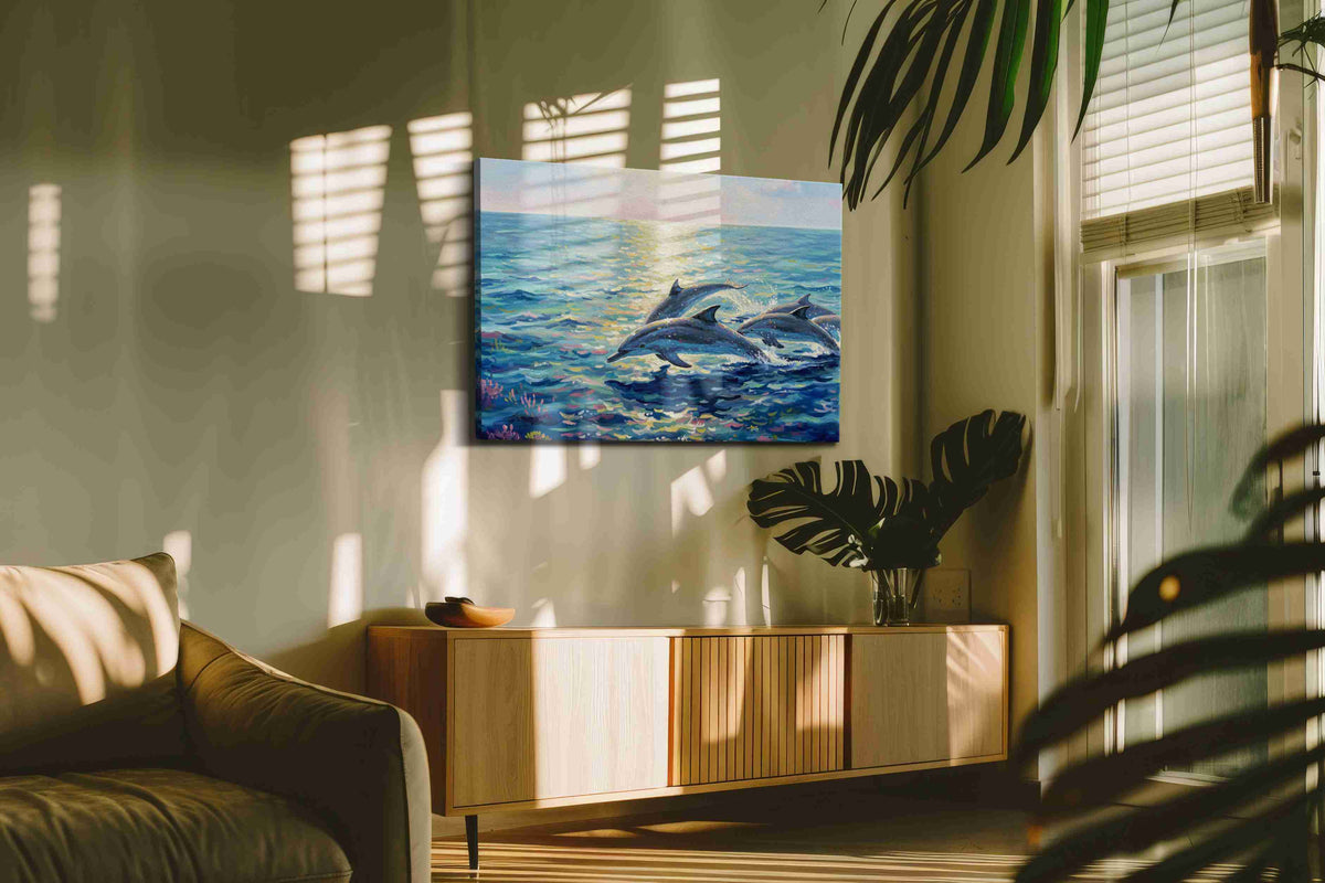 Dolphins at Dawn sealife canvas print in a contemporary interior mockup