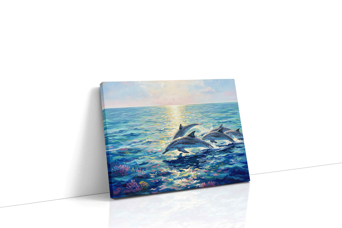 Dolphins at Dawn sealife canvas print gallery-wrapped landscape canvas studio shot