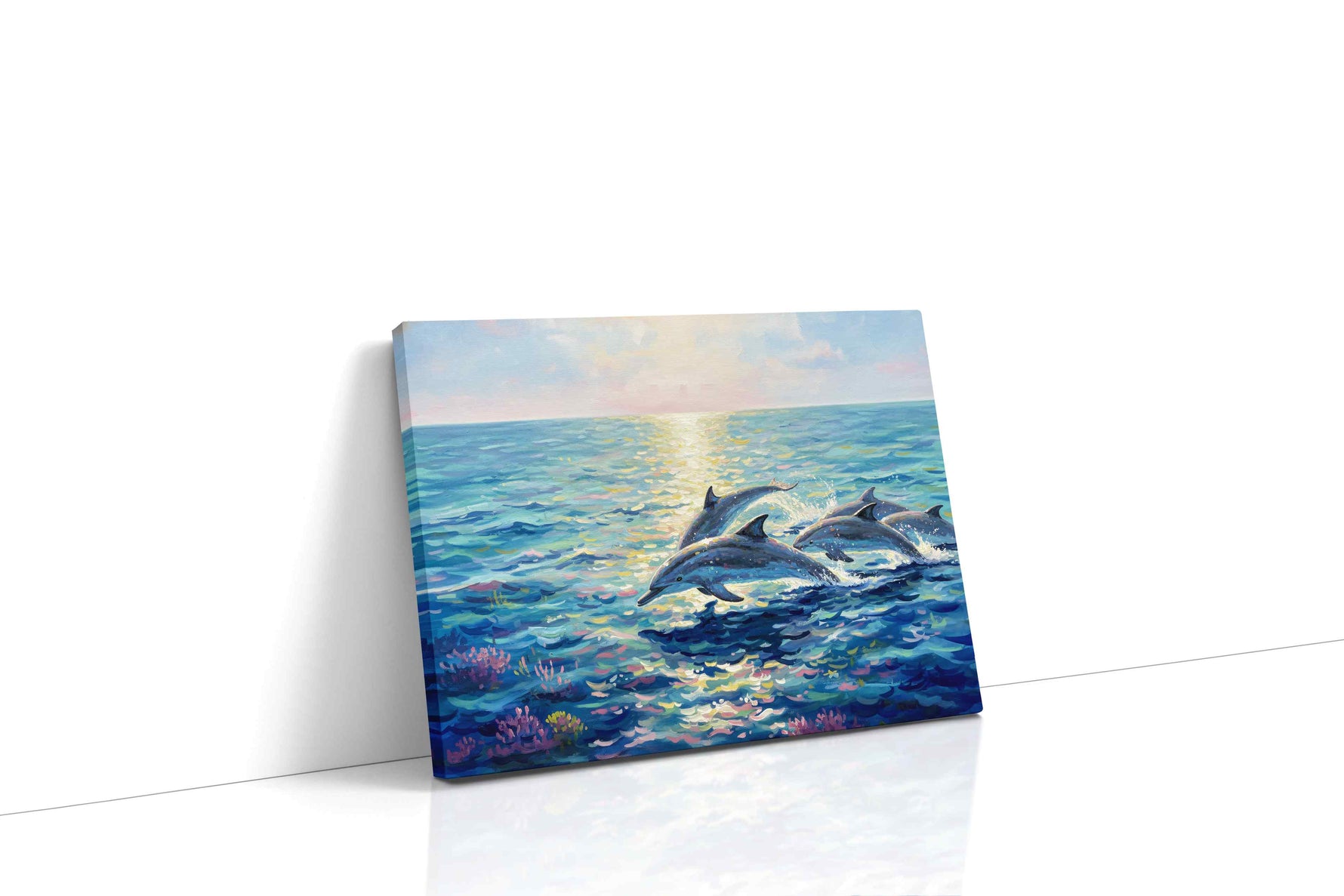 Dolphins at Dawn sealife canvas print gallery-wrapped landscape canvas studio shot