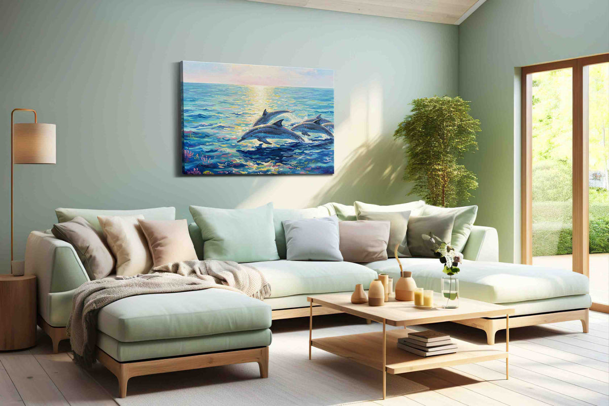 Dolphins at Dawn sealife canvas print, hanging on wall
