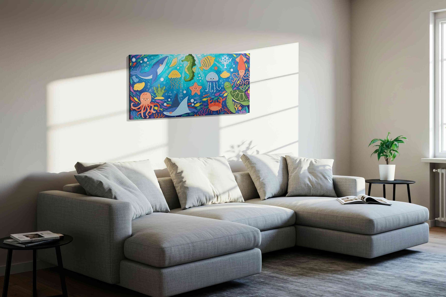 Dreamy Underwater Carnival sealife canvas print, displayed in a living room