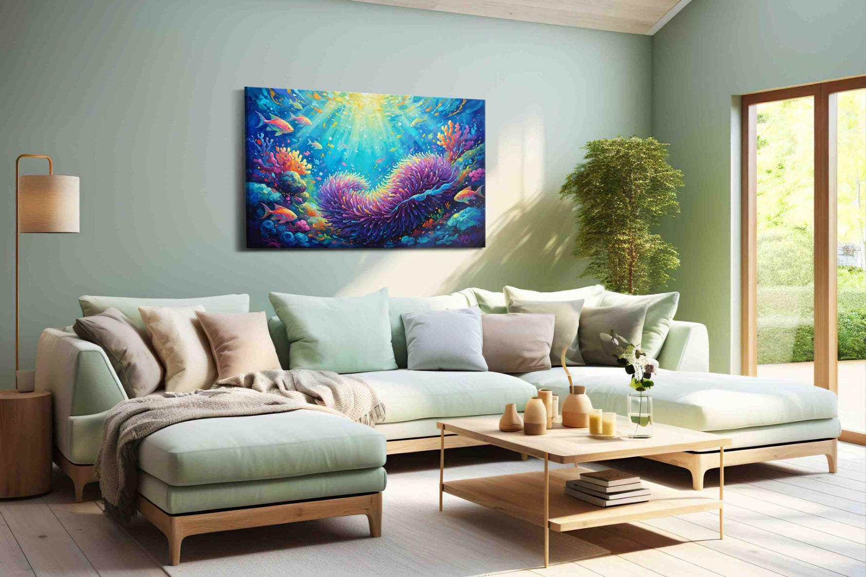 Enchanted Coral Symphony sealife canvas print, hanging on wall